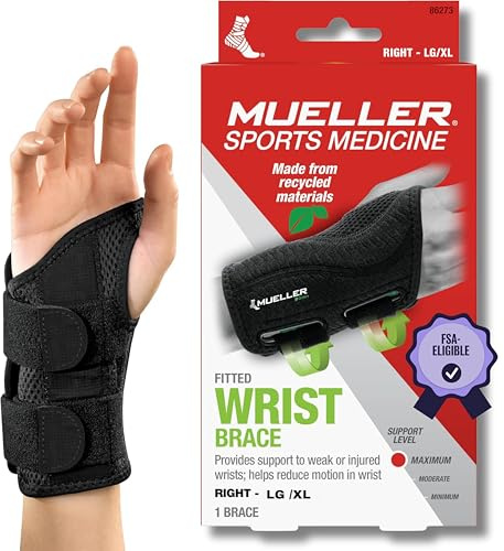 MUELLER Sports Medicine Green Fitted Wrist Brace for Men and Women, Wrist Pain Relief Support, Ideal for Carpal Tunnel, Tendonitis, Arthritis, Right Hand, Black, Large/X-Large