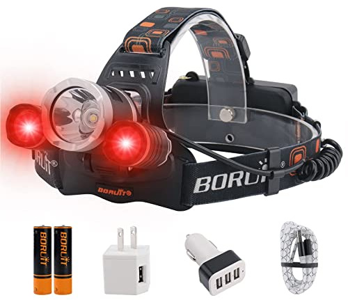 BORUIT RJ-3000 Rechargeabe LED Headlamp Super Bright with Red Light, 3 Modes Super Bright USB Head Lamp IPX4 Waterproof Headlight for Adults USB Outdoor Fishing Camping