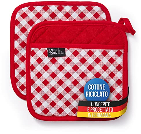 LauterSchutz® 1 Paar Topflappen - extra weiche, waschbare & recyclete Baumwolle mit Grifftasche für die Hände [Hitzebeständig bis 250°C] Topfhandschuhe zum Kochen & Backen (Rot)