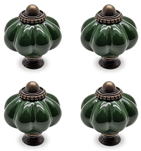 Seimneire 4pcs Dark Green Pumpkin Knobs, Vintage Ceramic Cabinet Knobs