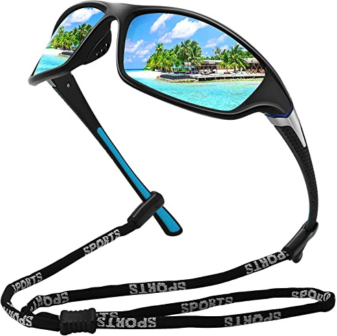 MEETSUN Gafas de sol deportivas polarizadas para hombres y mujeres que conducen, ciclismo, pesca, gafas de sol con protección UV400 - Negro/Azul, Efecto Espejo