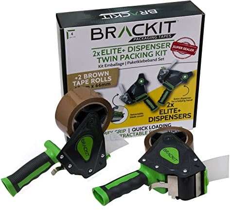 Brackit Packaging Tape Set - 2 Brown Tapes with 2 Dispensers - 48mm x 66m - 2 Roll Pack – Strong Heavy Duty Tape for General Use or Moving Home – Easily Seal Your Parcels and Boxes