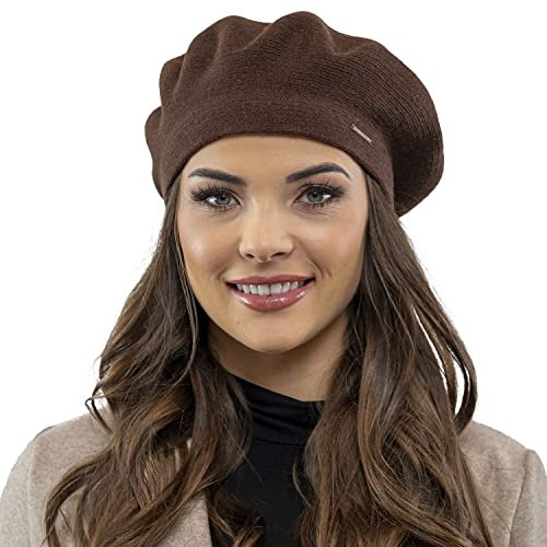 VIVISENCE Damen Baskenmütze Eleganter Wintermütze Warm Und Gemütlich Kopfbedeckung An Winter Und Herbst Warm Dick Strickmütze, Klassisch Mütze Für Frauen Modell 7005, Braun,Einheitsgröße
