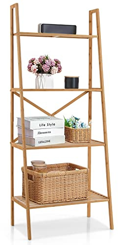 COSTWAY Estantería de Bambú de Escalera de 4 Niveles, Soporte para Plantas Multifuncional con Dispositivo Antivuelco, Estantería de Almacenamiento para la Sala de Estar, Cocina y Oficina