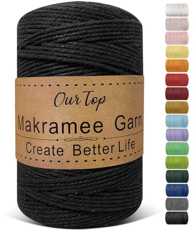 OurTop Corde Macramé 3mm x 300m, Fil Macramé Macrame Corde pour Bricolage, Artisanat, Tapisserie, Décoration Boho(Noir)