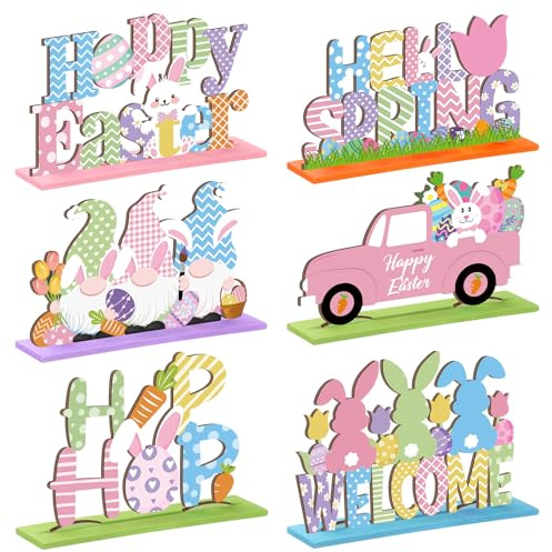 Hoolerry 6 Pcs Spring Wooden Bunny Egg Table Centerpiece Signs, Easter