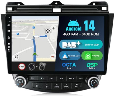 BXLIYER - INTEGRE Dab - Android 14 Autoradio pour Honda Accord 7th (2002-2007) - Wireless DSP/Carplay/Android Auto - 4G+64G - LED Caméra + MIC - 2 Din 10.1 Pouce - Volant WLAN 4G 360-CAM Fast-Boot