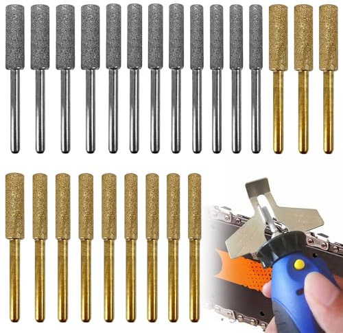 24 PièCes Affuteuse de Chaine Tronconneuse, AffûTeur de TronçOnneuse, Gabarit Affutage Chaine de Tronconneuse 4.0/4.8/5.5mm, Pour Chaine de Tronconneuse Outil de Meulage de Polissage (Or, Argent)