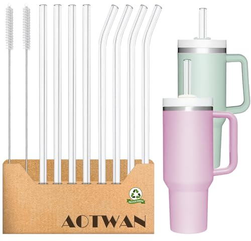 AOTWAN Glas Strohhalm für Stanley Cup 10 Stück Glasstrohhalme Lang 31cm, 4 Gebogenem + 4 Geraden Glas-Strohhalme mit 2 Reinigungsbürsten für Stanley Cup 30oz/40oz