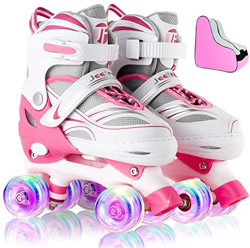 JeeFree Rainbow Unicorn 4 Size Adjustable Light up Roller Skates for Girls Boys for Kids,All 8 Wheels of Girl's Skates Shine,Safe and Fun for Kids