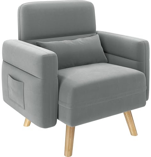 Yaheetech Sessel Wohnzimmer Ohrensessel Relaxsessel mit Armlehnen und Holzbeinen, Polstersessel Loungesessel Einzelsofa mit Taschen und Kissen, für Wohnzimmer/Arbeitszimmer Hellgrau