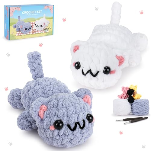 Crochet Kit for Beginners-2PCS Kitty Crochet Kit with Step-by-Step Video Tutorials, Crochet Starter Kit for Adults, Learn to Crochet Cats, Beginner Crocheting Kit Easy Peasy Yarn Gifts for Birthday