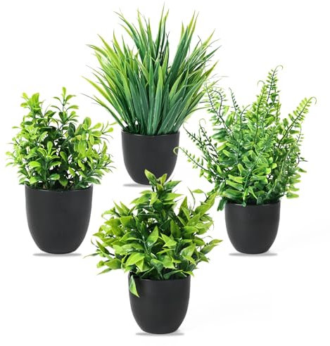 Kunststoff Pflanze im Topf, 4 Stück Künstliche Deko für Schreibtische, Innenräume, Badezimmer - Kleine Dekorative Grünpflanzen