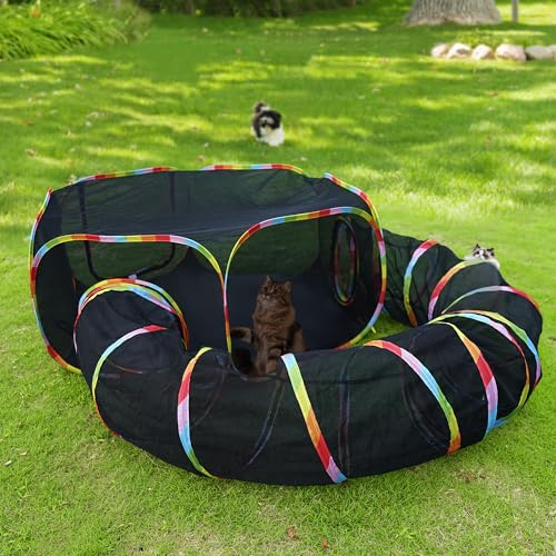 Túnel y tienda de campaña para gatos al aire libre, color arcoíris, recinto de malla con túnel de conexión