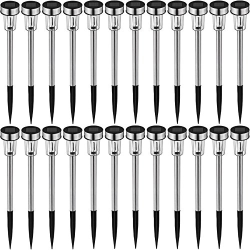 tectake®, set da 24 pezzi luci da esterno giardino LED, pannello solare, impermeabili, luci solari da giardino, vialetto, prato, accensione automatica, faretto led da esterno solare - Bianco Freddo