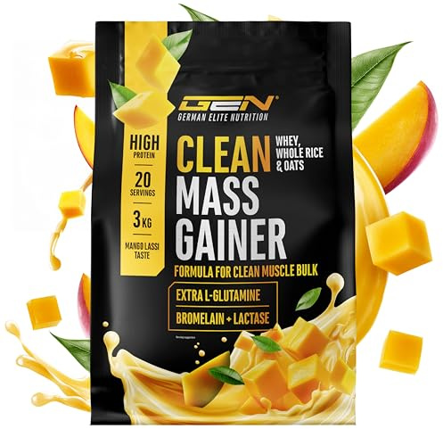 Clean Weight Gainer - 3 kg - Con Hidratos de Carbono Complejos y Proteína - Ideal para la Fase de Volumen - Polvo para Ganar masa y Peso - Vegetariano - Sabor Mango Lassi