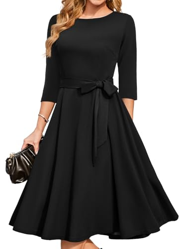 DRESSTELLS Women's Cocktail Dresses, Black Tie Formal Wedding Guest Dresses, 3/4 Long Sleeve Church Mother of Bride Tea Party Prom Evening A line Swing Gala Funeral, Black M