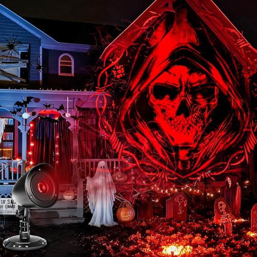 Projecteur Halloween Decoration Exterieur Interieur - 3D Crâne Rouge Dynamique LED Lampe Étanches Décoration Halloween pour Fenêtre Porte Jardin Deco Horreur