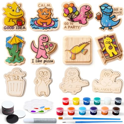 Toylink 12 Piezas DIY Imanes de Madera para Nevera Manualidades Niños, Set Creativo con Figuras de Madera & Imanes & Pinturas, Creativo para Niña Niño Cumpleaños (Dinosaurios)