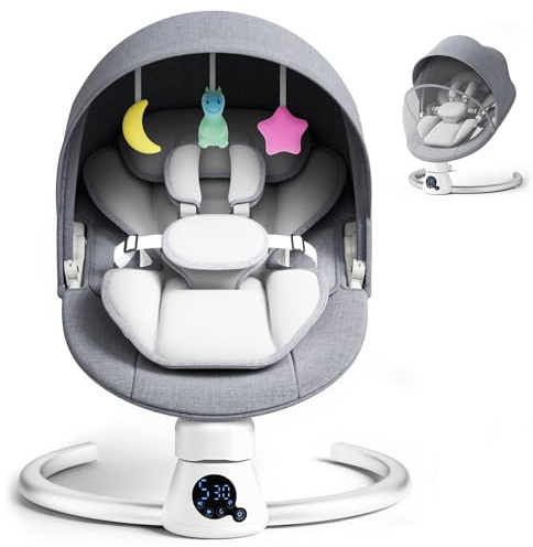 Electric Baby Swing with Remote & APP Control, 5 Swing Speeds, 3 Timers, 11 Music Built-in, Baby Bouncer with 5-Point Harness, Removable Canopy, 2 Positions Adjustable Backrest, 2 Power Options-Grey