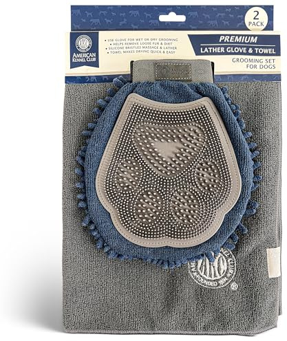 AKC - Dual-Sided Dog Grooming Glove with Silicone Bristles | Quick-Dry Towel | 2-in-1 Pet Grooming Tool for Bathing, Brushing, Shedding, Massaging & Coat Care for Small Medium & Large Dogs