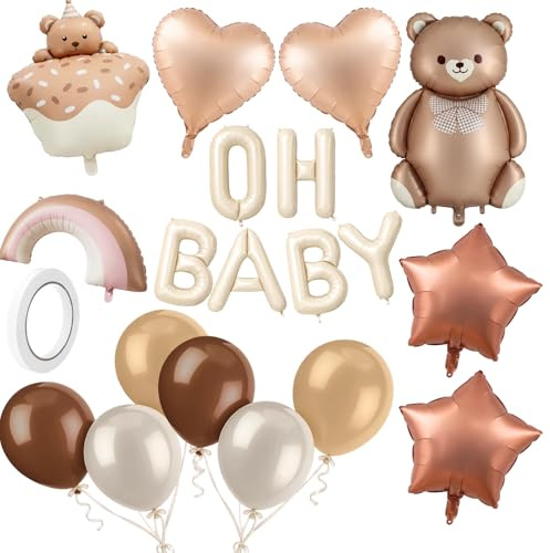 7 Stück Oh Baby Deko Luftballon, Cremeweiß OH BABY Buchstaben Ballons, Bär Folienballon Babyparty Deko Mädchen Junge, Herz Luftballons Beige Baby Shower Deko, Babyshowerparty Deko 16 Zoll