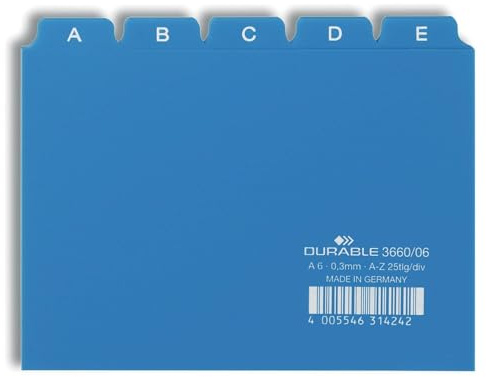 Durable 366006 - Divisore alfabetico per schedario, f.to A6, con etichette prestampate (A-Z), azzurro, confezione da 25 pezzi