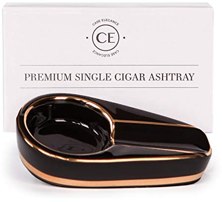 Case Elegance Cenicero de Cerámica con Incrustaciones Negras y Doradas para un Solo Puro de Case Elegance (Negro)