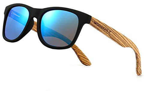 WOODONLY Gafas de SOL Retro Polarizadas de Madera - Protección UV400 Gafas Cuadradas para Hombres y Mujeres Regalos Perfectos (Azul, Cebra)