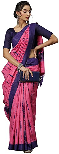 AKHILAM Dam Bhagalpuri silke rutig tryckt tant sari med osydd blusdel (18WOM189_Parent), Rosa1, One Size