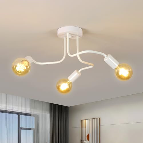Comely 3 Luci Plafoniera Industriale, Design creativo curvo Lampada da Soffitto E27, Lampadario Moderna per Cucina Camera da letto Soggiorno, White, Dia 42cm (senza Bulbo)