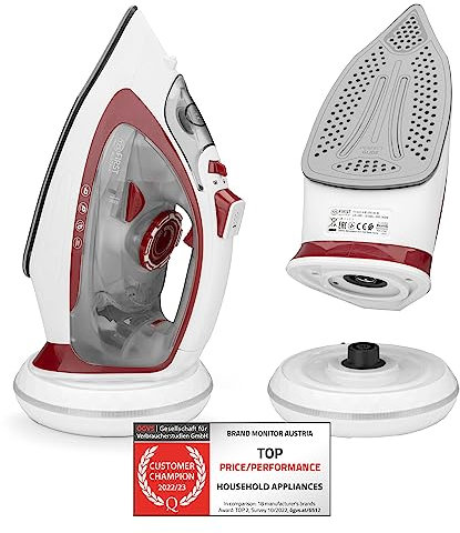 TZS First Austria - Dampfbügeleisen kabellos mit Station 2400W - Schnurloses Dampf Bügeleisen 450 ml Tank mit Tropfstop, verstellbarer Temperatur, Dampfstärke & Keramik Bügelsohle - Mit Vertikaldampf