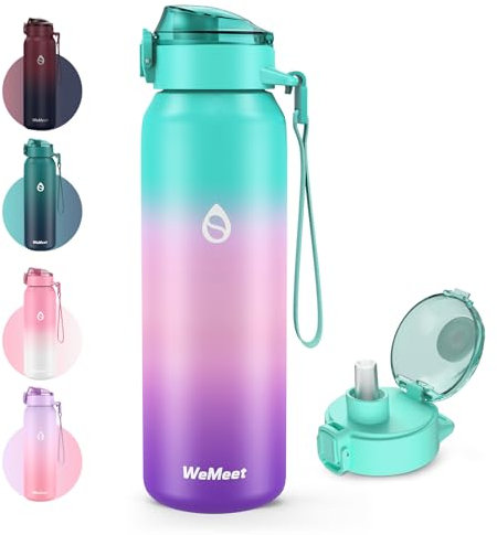 WEMEET Thermosflasche Edelstahl 1 Liter mit Abnehmbare Strohhalm, [18/10 Edelstahl] Trinkflaschen mit Removable Gurte, Auslaufsicher Doppelwandig Isolierflasche für Fahrrad, Outdoor, Schule, Gym