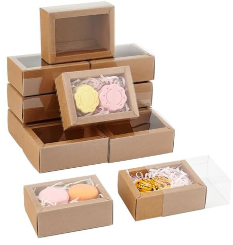 nbeads 12 Stück Schublade Kraft Boxen, 11x8x4.2cm Wiederverwendbar Geschenkverpackung Fall faltbare Papier Schublade Boxen mit Fenster für Party Gunst Leckereien Schmuck, BurlyWood