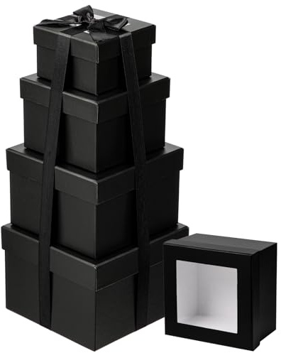 Briful Set of 4 Square Gift Box with Ribbon, Black Gift Boxes with Clear Lids, Cardboard Gift Boxes for Presents, Small Storage Boxes Assorted Sizes, Suitable for Gifts Crafting Packaging Box