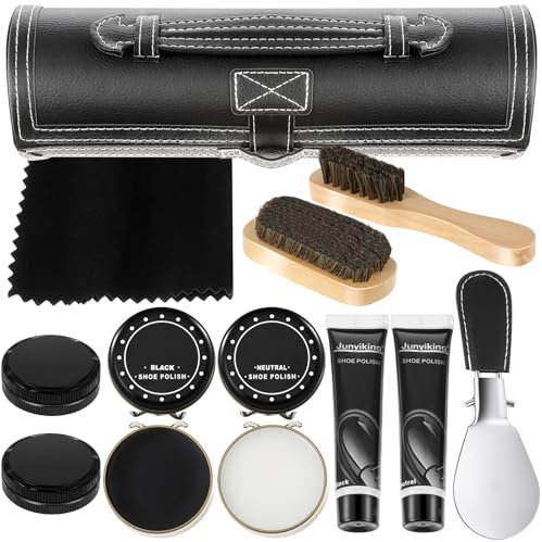 Loopeer 11 Pcs Black Shoe Polish Kit for Man Leather Shoe Shine Kit Boot Brush Care Black White Natural Wax and Oil, Travel Gift for Women with Shine Sponges and Care Cloth