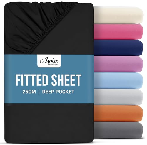 Aspire Homeware Super King Fitted Sheet - 25 cm Deep Hotel Quality (Black) Bed Sheets - Soft & Breathable Superking Fitted Sheet - Anti-Wrinkle Easy Care Fitted Sheets