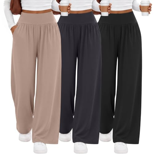 Neer Paquete de 3 Pantalones de Yoga de Pierna Ancha para Mujer Pantalones Cómodos para Estar en Casa con Bolsillos