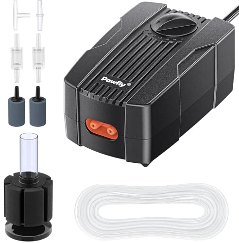 Pawfly 50 GPH Aquarium Air Pump for 10-60 Gallon Fish Tanks Dual Outlet Adjustable Ultra Quiet Aerator Pump with Airline Tubing, Air Stones Connectors, Check Valves and Nano Bio Sponge Filter