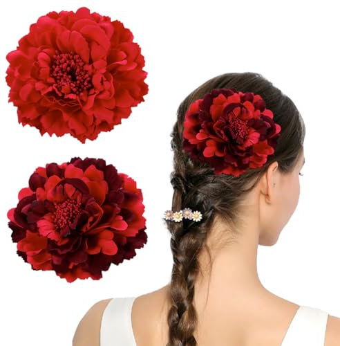 GGUFAY 2 Stück rote Pfingstrosen-Haarnadel, künstliche Blumenbrosche, Flamenco-Haarnadel, Brautfrisur