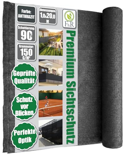 F & R Sichtschutz Garten Zaunblende I Sichtschutz Zaun I Schattiernetz Antrazit PE 1m x 20m 150g/m² I Sichtschutzmatte Für Zaun Gartenzaun Gartensichtschutz UV-Stabil Wetterfest