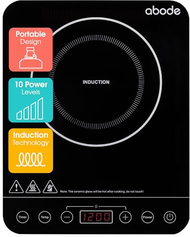 Abode Single Induction Hob Portable Digital Touch Control 2000W Double Electric Cooker, Plug In & Go 10 Heat Settings 3 Hour Timer Black with Child Safety Lock AINDH1002