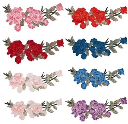CRAFTYMELODY 8 piezas de 12 x 4 cm de largo parches florales bordados de poliéster, colores mezclados de coser para trajes y decoraciones