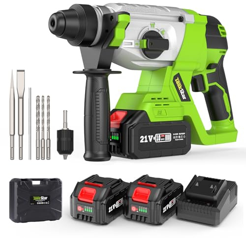 TaskStar Tassellatore a Batteria 21V, 2,3J Trapano Tassellatore Kit Include 4 SDS-Plus per calcestruzzo/acciaio/legno, 2 batterie da 4,0 Ah+caricabatterie, Trapano a Percussione Portatile