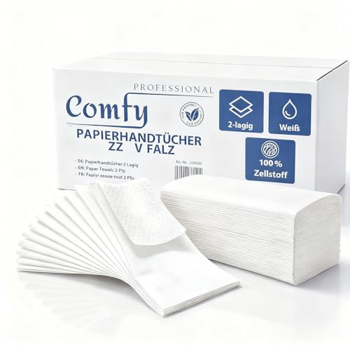 Papierhandtücher 4000 Blatt V-Falz/ZZ-Falz 24 × 21 cm – 2-lagig, hochweiß & hygienisch extra saugstark & reißfest – ideal für Gastronomie, Büro & Waschräume