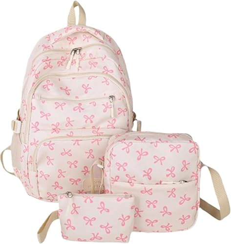 Rosett söt skolväska – Preppy ryggsäck för flickor estetisk skolryggsäck Kawaii skolväska för tonåring sekundär primär mittpunkt, skolväska med axelväska, pennfodral, 3-pack