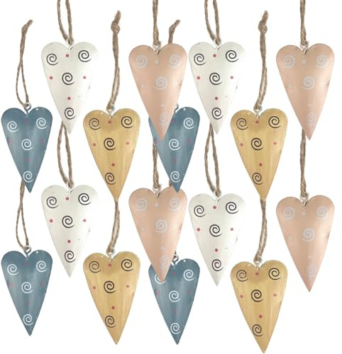 Caja decorativa de metal con 16 mini corazones para colgar, 6 x 3,5 cm, mezcla de color crema, rosa y azul, colgante de regalo y decoración para esparcir Logbuch-Verlag