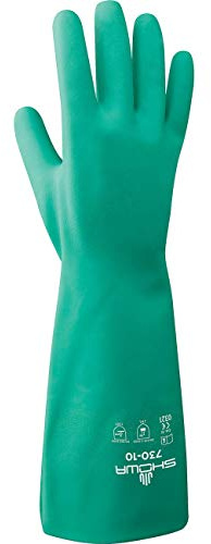 SHOWA 730 Chemical Resistant Gloves, 15-mil Nitrile with Cotton Flock Liner, 13-inch Extended Gauntlet, Bisque Grip, CE Cat III & Food Safe, Green, Large, 12-Pack