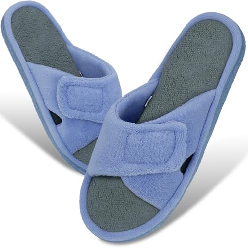 Magtoe Women's Open-Toe Slippers Summer Adjustable Hook and Loop Closure Slipper Home Slides Shoes Memory Foam Micro Suede Indoor Outdoor Coral Velvet Slipper,Sky Blue, L