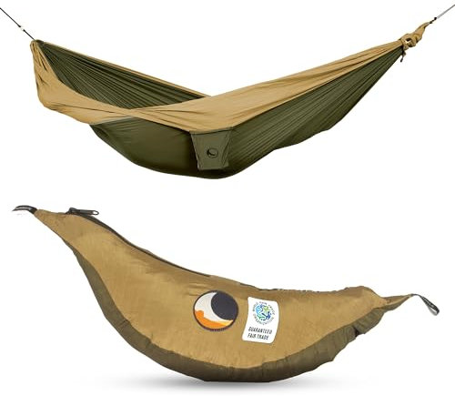 Fallschirmhängematte King Size - Original seit 1996 | ARMEEGRÜN/BRAUN | Groß und Komfortabel | 320 x 230 cm, nur 700 g | Schneller Aufbau < 1min | Camping, Hängematte